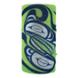 Green and blue multifunctional head-ware with Indigenous wolf design