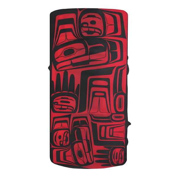 Red and black multifunctional headwear with Indigenous eagle design