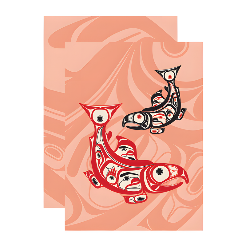 Pink, red and black notebook with Indigenous salmon design