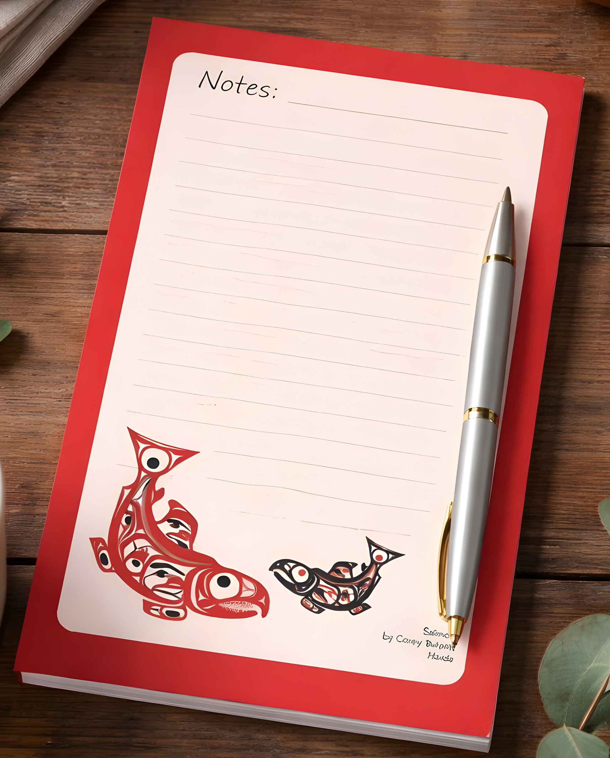 Red trim notepad with Indigenous salmon design
