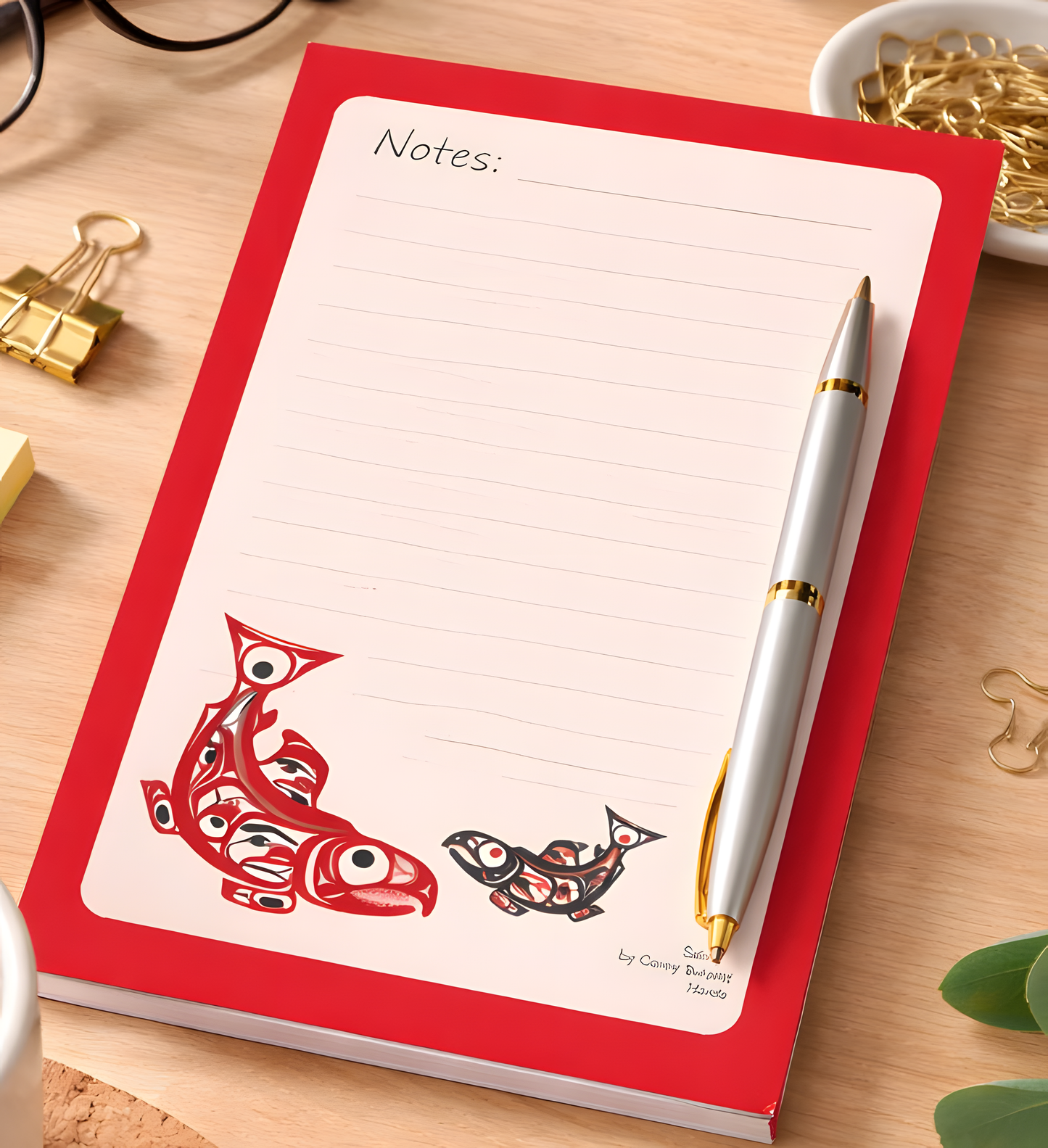 Red trim notepad with Indigenous design salmon on bottom of page