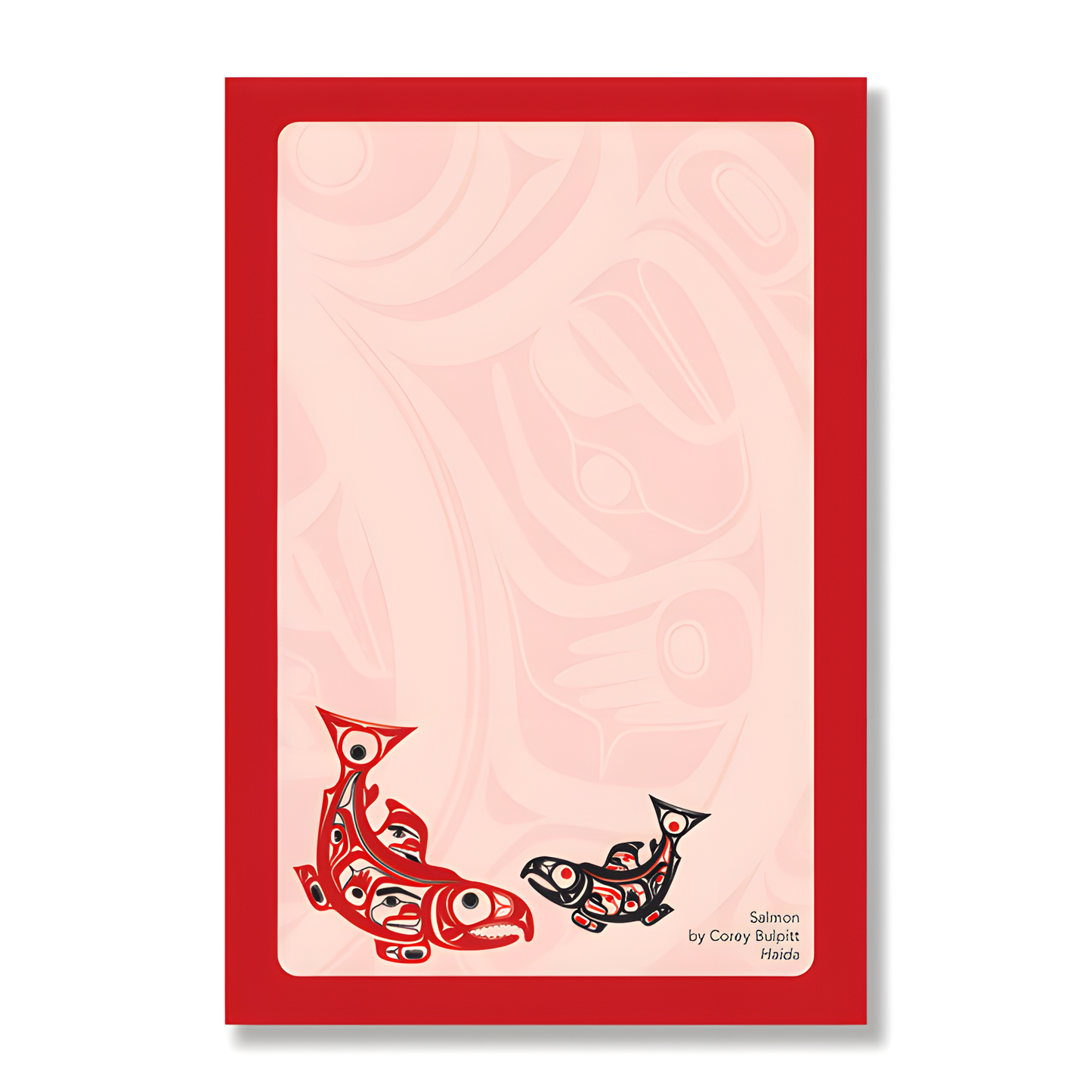 Decorative paper notepad with red border featuring Indigenous salmon design on pink paper