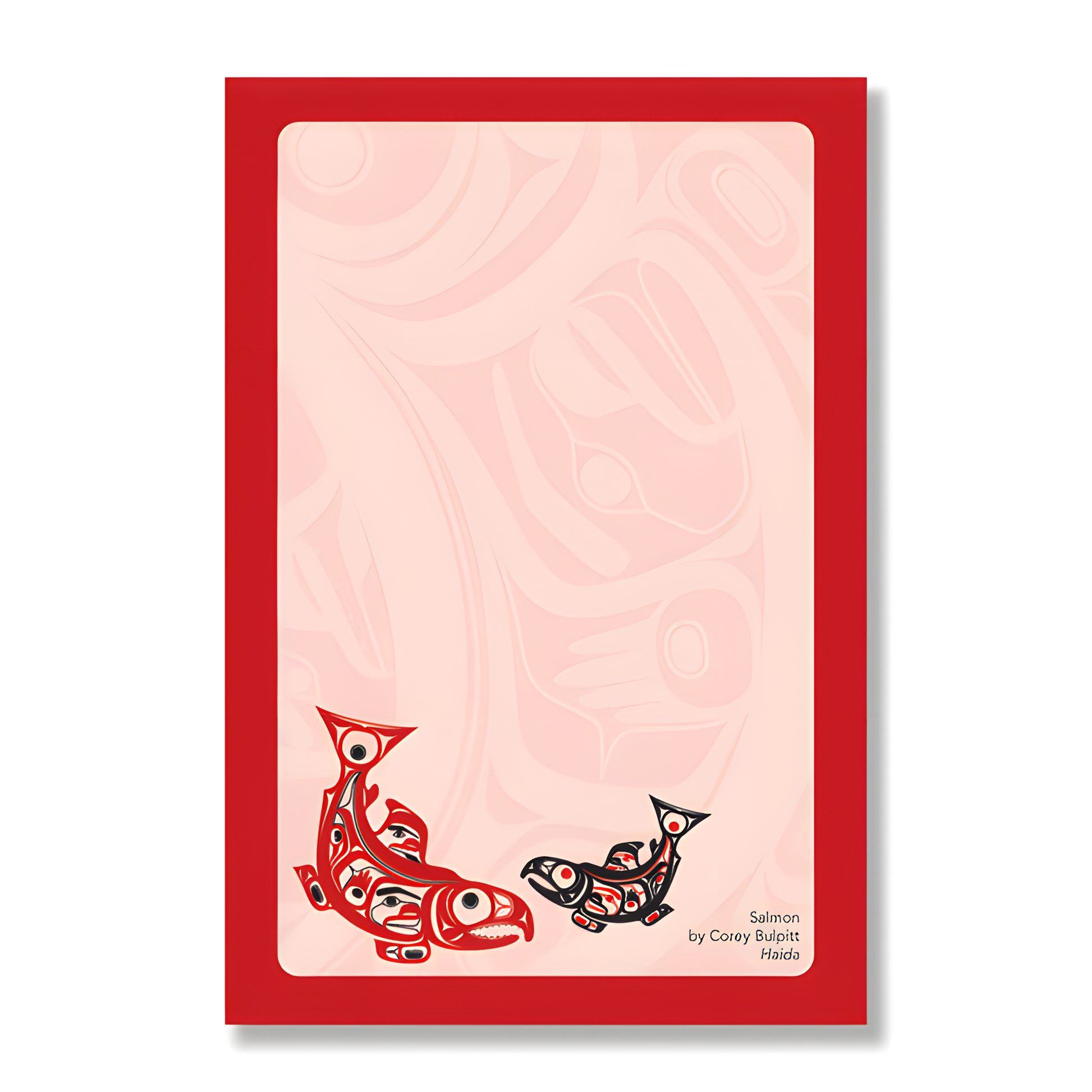 Decorative paper notepad with red border featuring Indigenous salmon design on pink paper