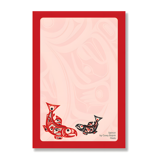 Decorative paper notepad with red border featuring Indigenous salmon design on pink paper