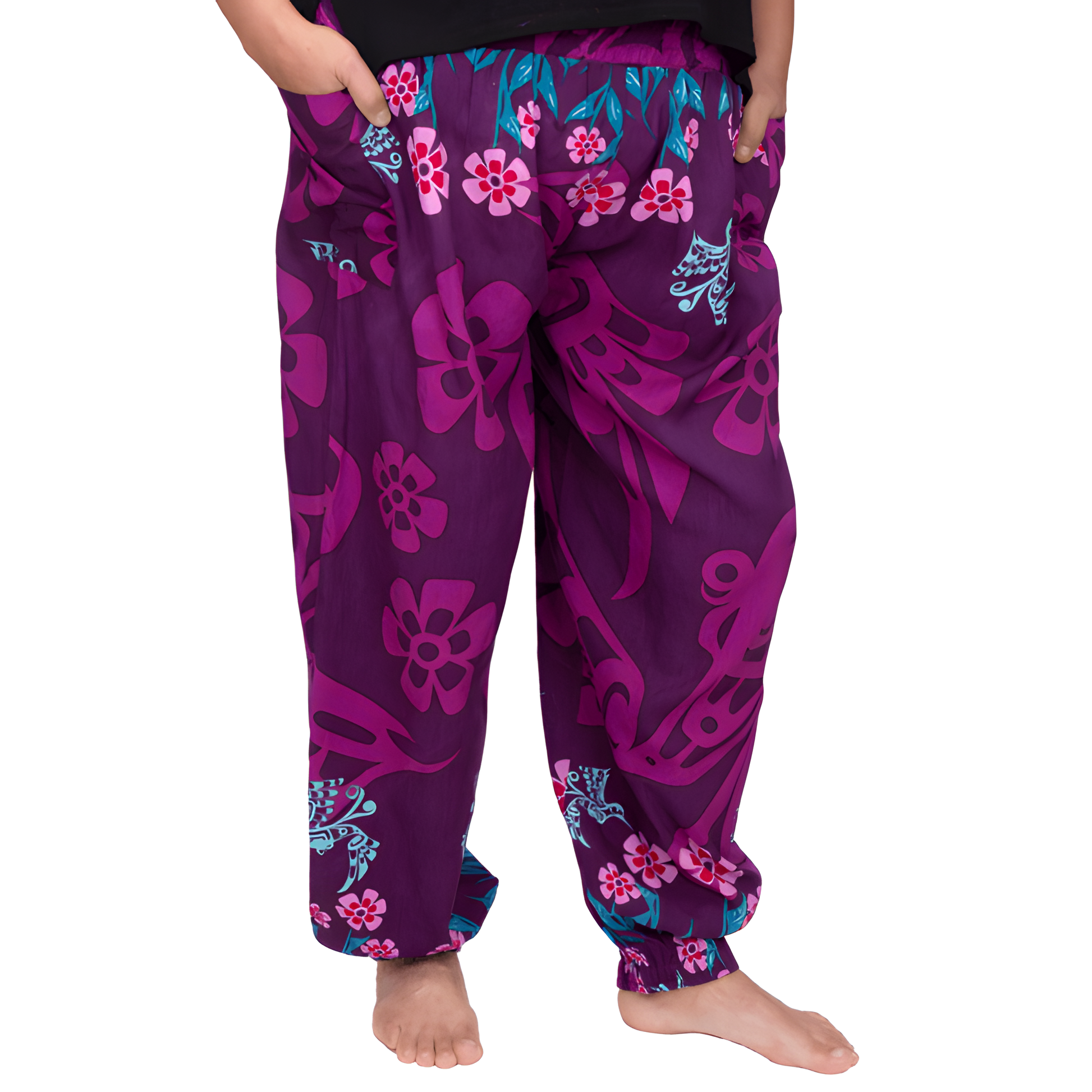 Purple pants with Indigenous floral and hummingbird design