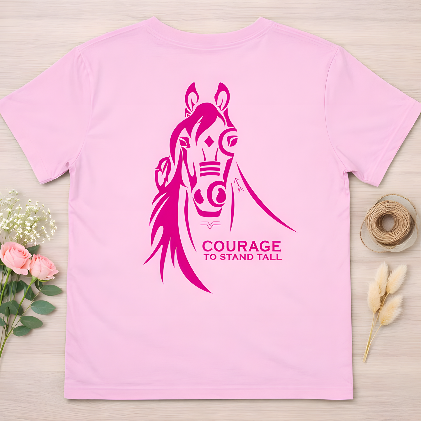 Pink shirt with Coast Salish horse design and the words COURAGE TO STAND TALL underneath