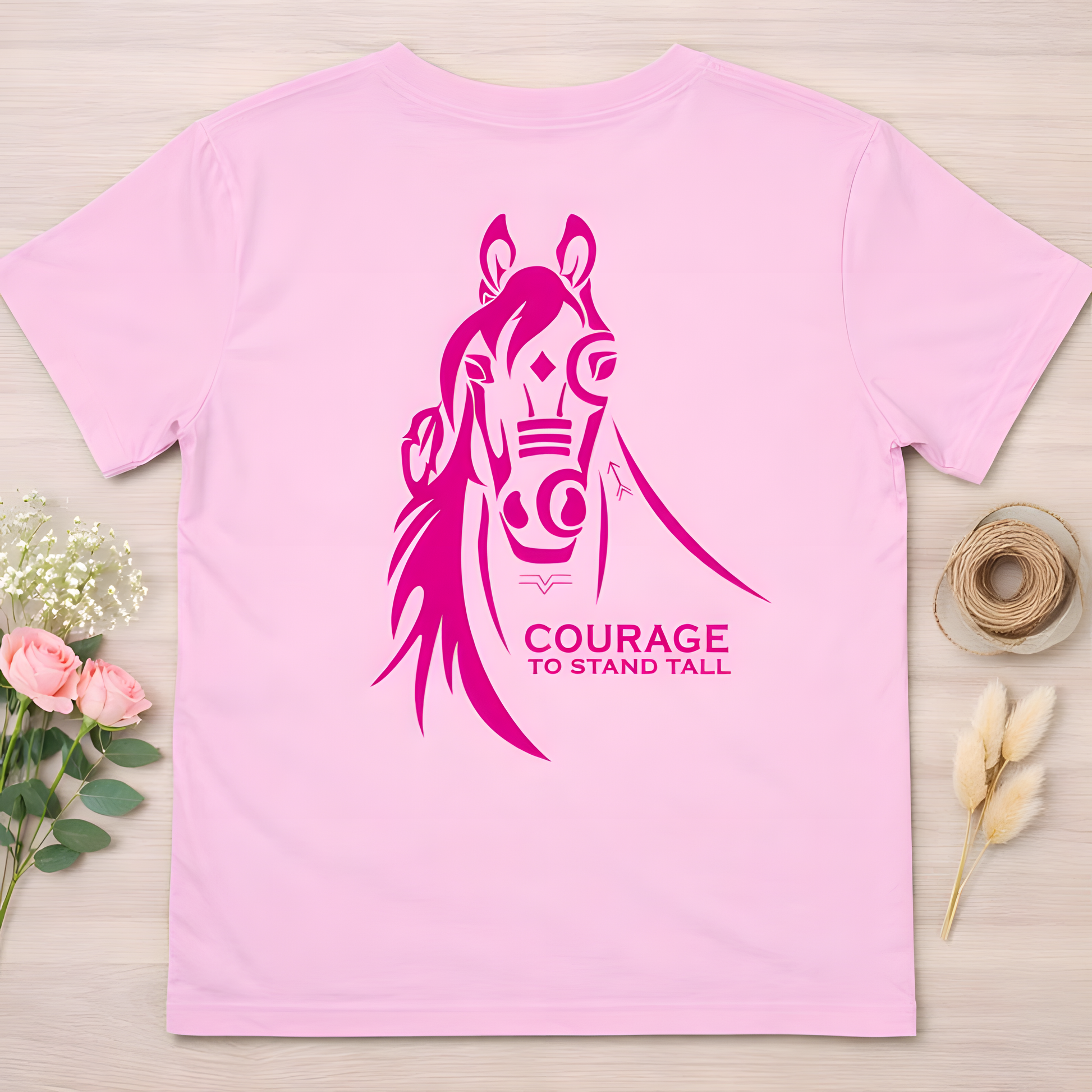 Pink shirt with Coast Salish horse design and the words COURAGE TO STAND TALL underneath
