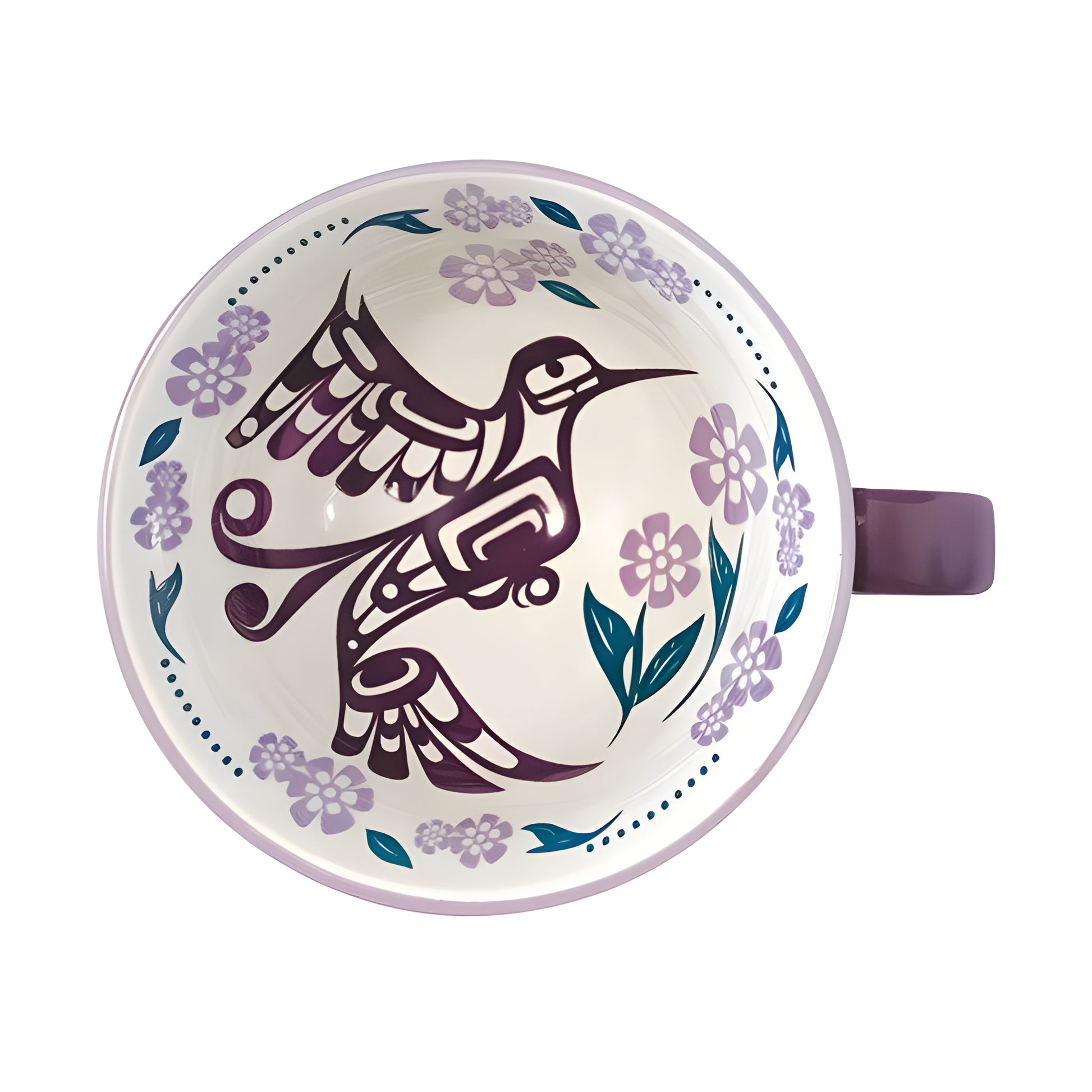 Purple porcelain art mug with floral and hummingbird design 