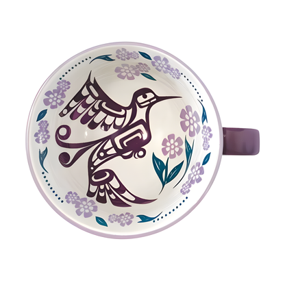 Purple porcelain art mug with floral and hummingbird design 