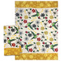 Natural cotton tea towel with green hummingbirds, red and grey flowers, bees and ladybugs, with golden-yellow patterned borders, designed by Storm Angeconeb