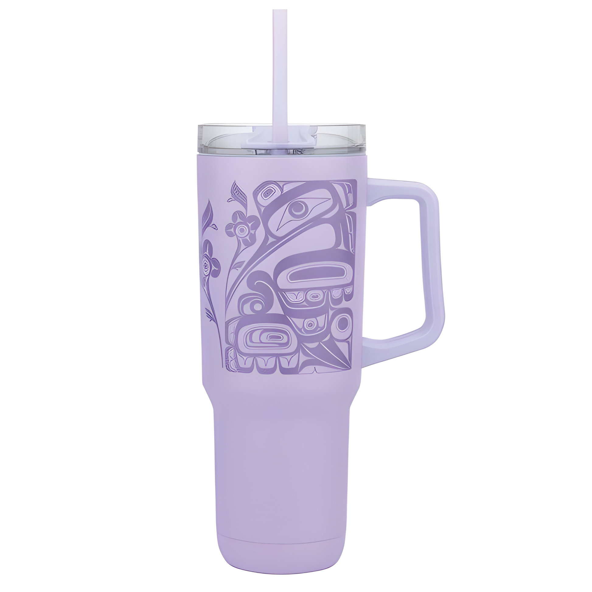 Purple tumbler with handle and straw and an Indigenous design printed on top wrapping around