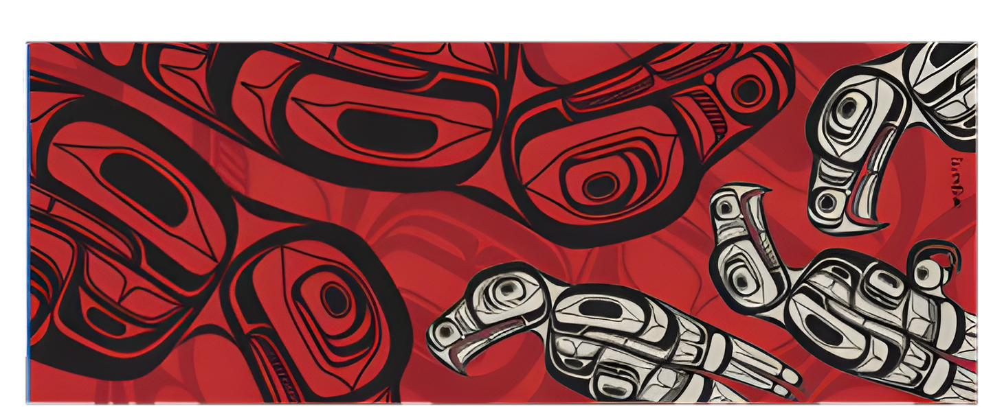 Red scarf with Indigenous raven designs in black and white