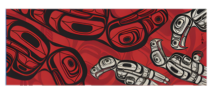 Red scarf with Indigenous raven designs in black and white