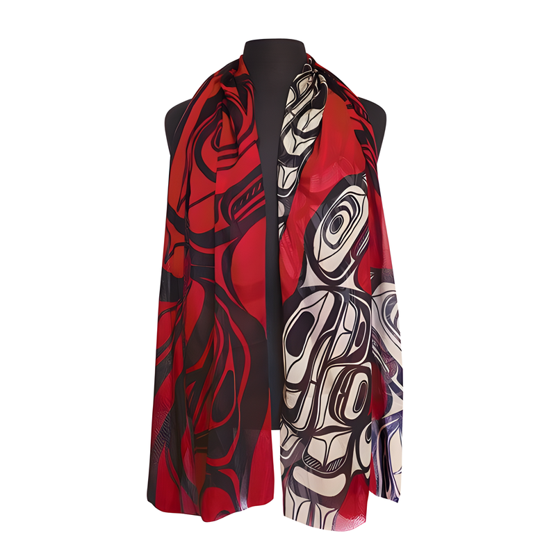 Red, black, and white Indigenous eagle patterned scarf