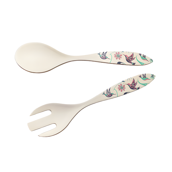 Bamboo salad servers with hummingbird and floral designs