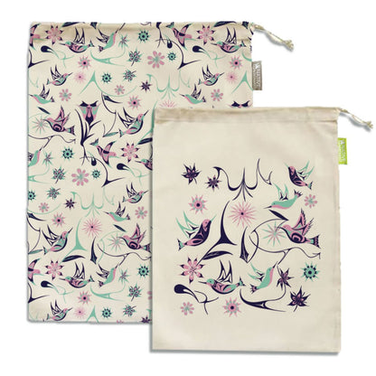 Set of two organic cotton mesh produce bags with a Hummingbirds design by Nicole La Rock