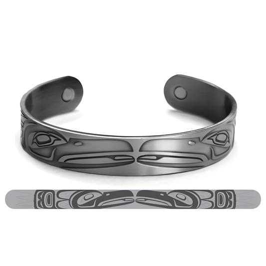 Silver brush bracelet with intricate Indigenous raven design