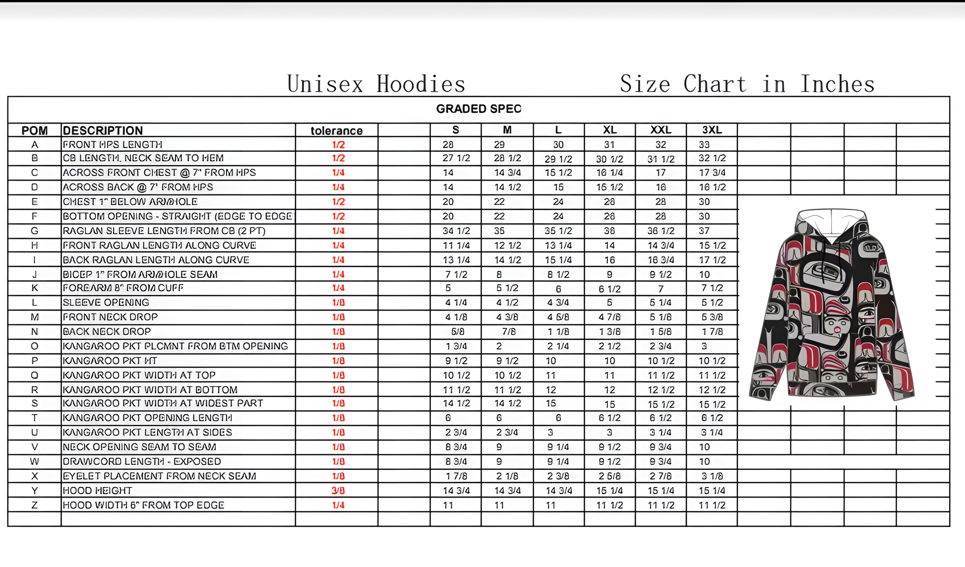 Eagle unisex hoodie size chart