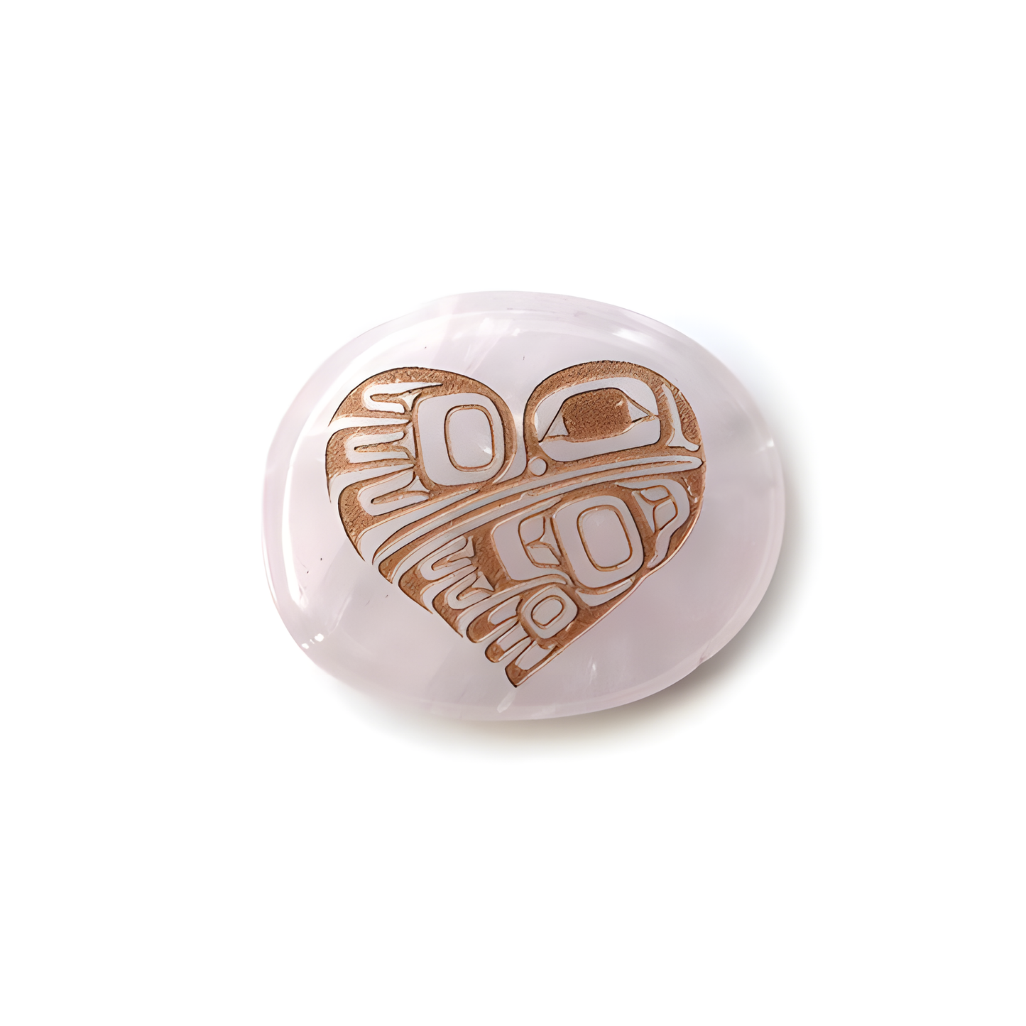 Round white spirit stone with brown Indigenous hummingbird heart design