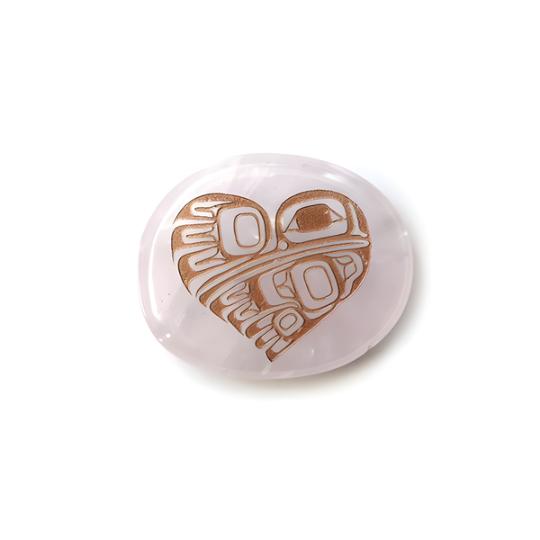 Round white spirit stone with brown Indigenous hummingbird heart design