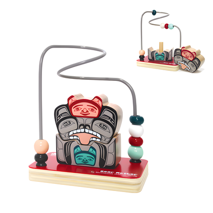 Bead stacking game with Indigenous bear design feature