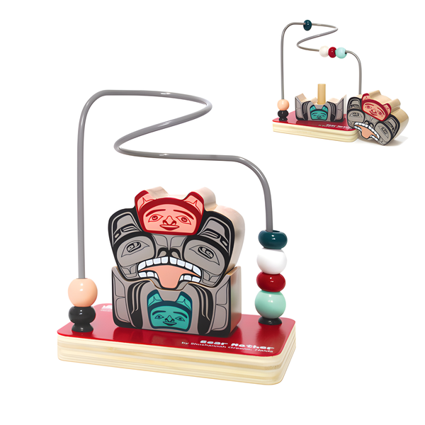 Bead stacking game with Indigenous bear design feature