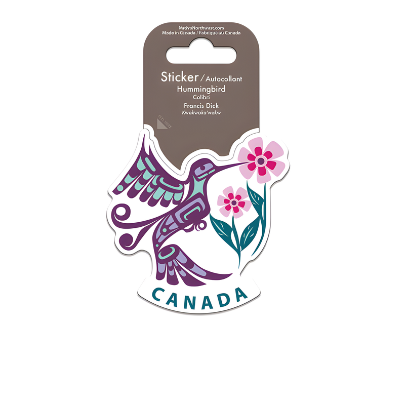 Purple and pink sticker of and Indigenous design hummingbird and flowers with Canada named below 