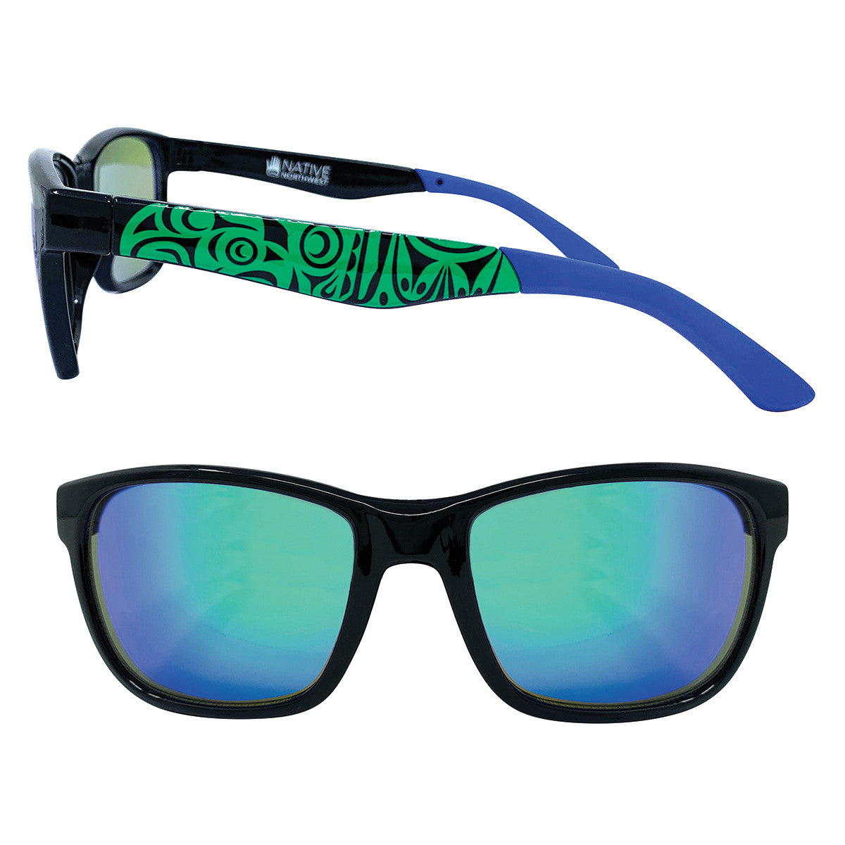 Mirror lens sunglasses with Thunderbird and Whale design by Maynard Johnny Jr