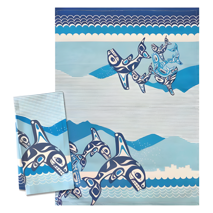 Shades of blue Indigenous orca design printed tea towel