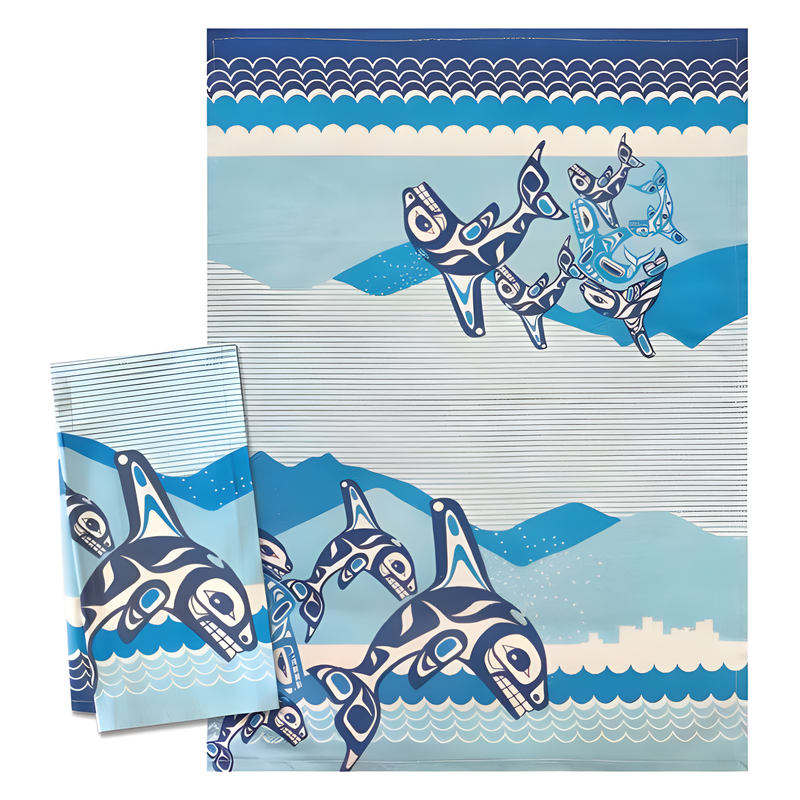 Shades of blue Indigenous orca design printed tea towel