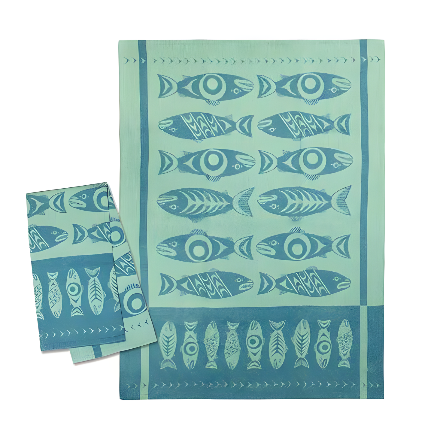 Green tea towel with Indigenous salmon design