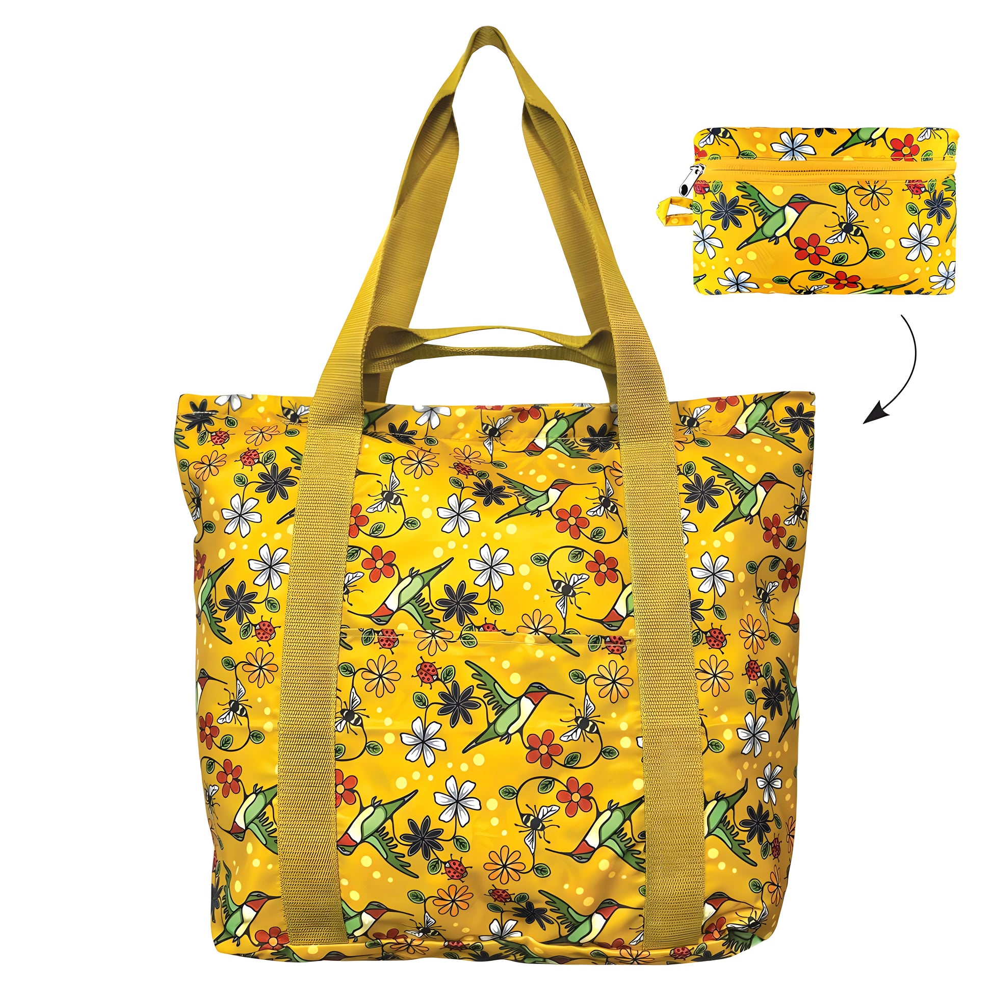 Yellow tote bag with hummingbird and floral pattern with it's feature foldable pouch displayed