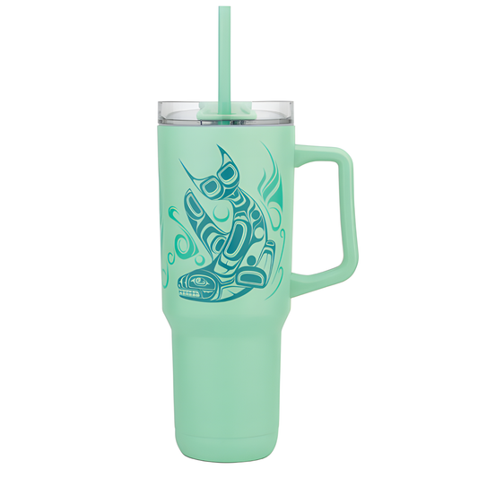 Green tumbler with handle and straw with an Indigenous whale design