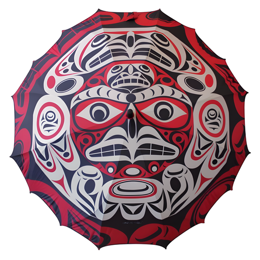 Decorative umbrella with red, black and grey Indigenous thunderbird and moon design