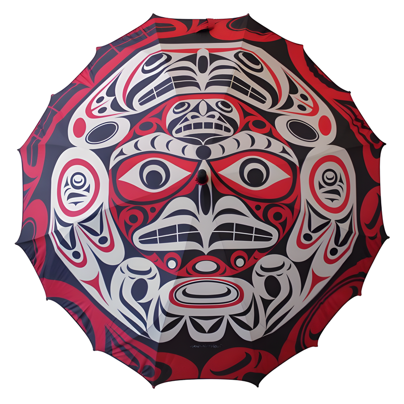 Decorative umbrella with red, black and grey Indigenous thunderbird and moon design