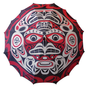 Decorative umbrella with red, black and grey Indigenous thunderbird and moon design