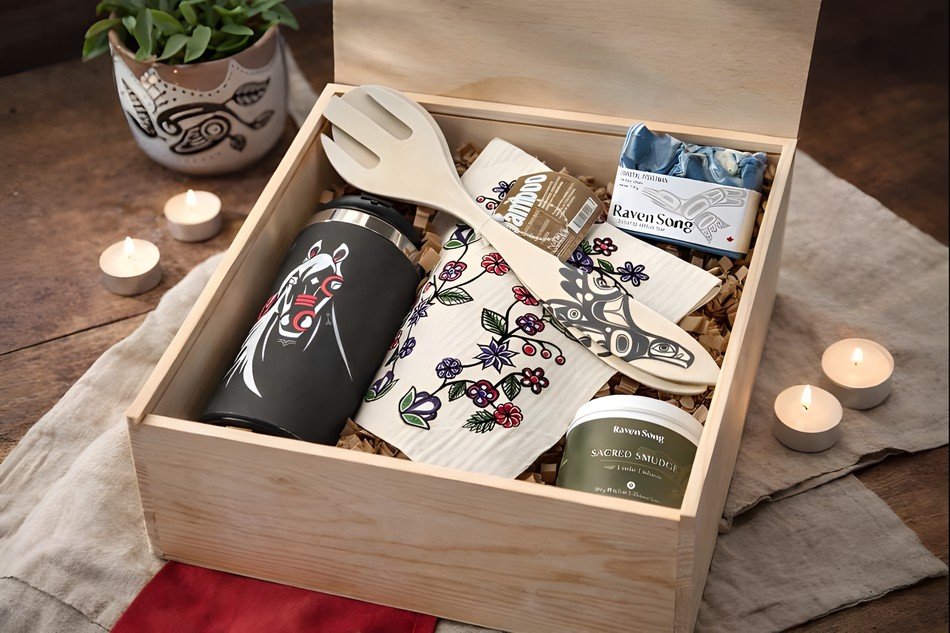 Wooden gift box with decorative Indigenous designed items with artisan soap and candle