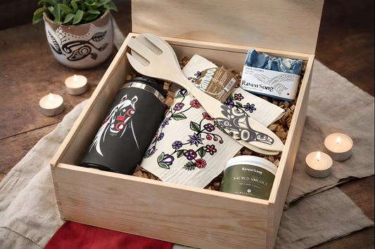 Wooden gift box with decorative Indigenous designed items with artisan soap and candle