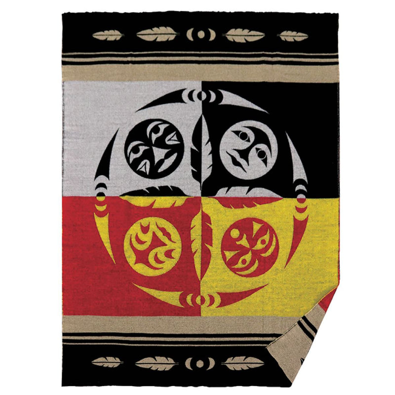 Diversity woven blanket with the four sacred colours black white red and yellow in a circle design by Coast Salish Musqueam artist Melaney Gleeson-Lyall