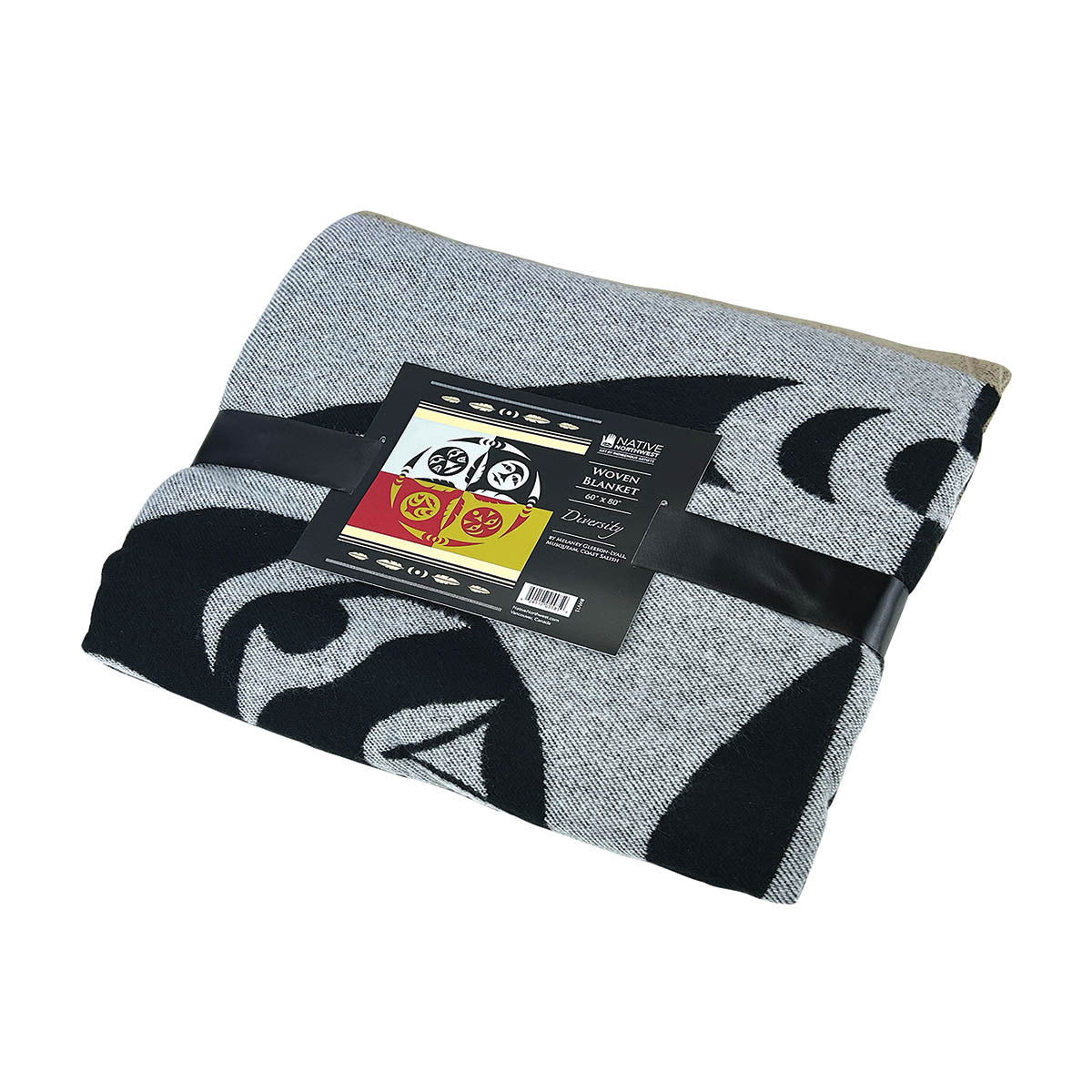 Diversity woven blanket folded with packaging ribbon and artist card on a white background