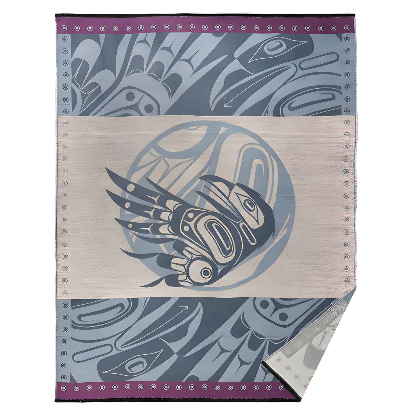 Woven blanket with blue highlights and a purple trim and an Indigenous eagle design