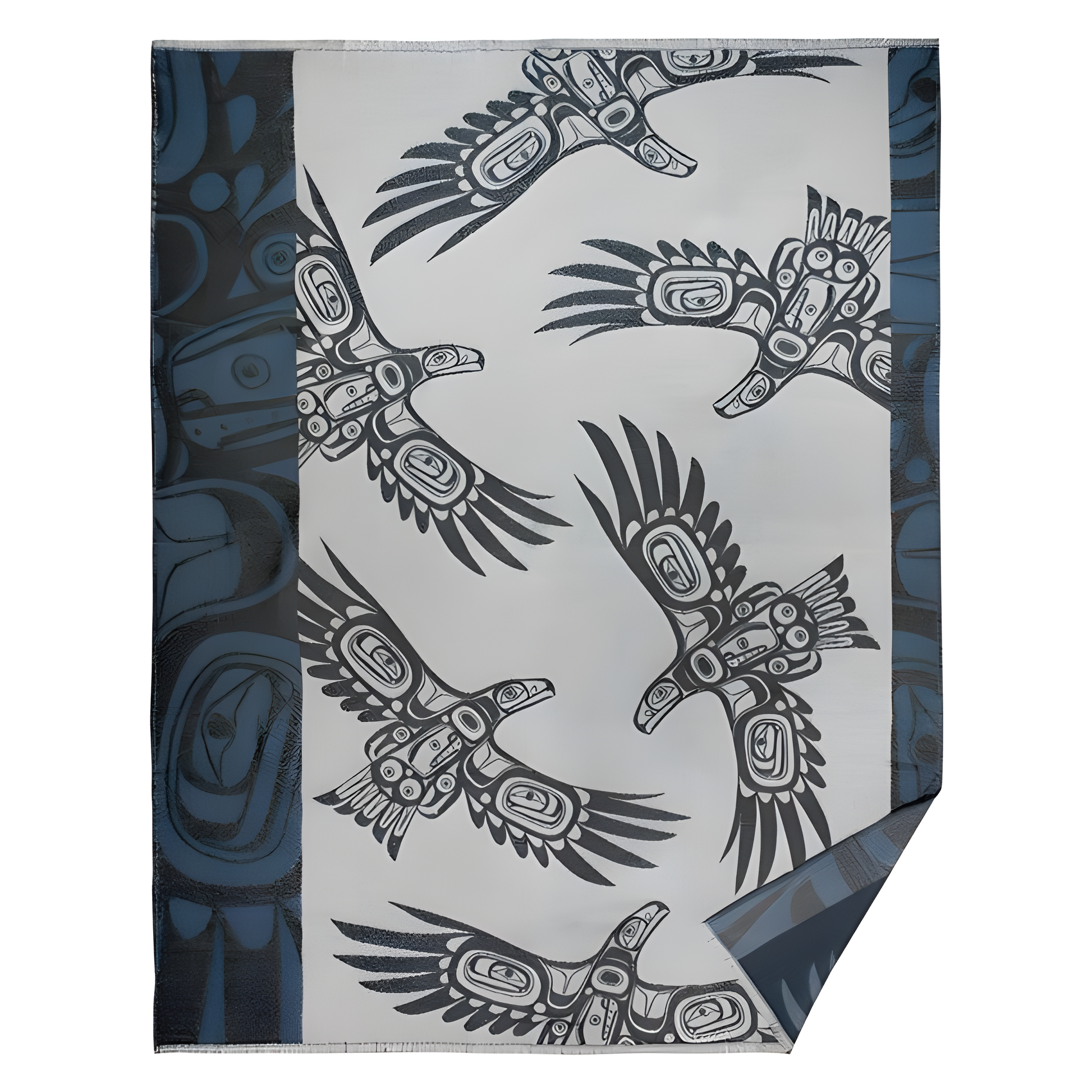 Grey woven decorative blanket with dark blue trim and Indigenous soaring eagle design