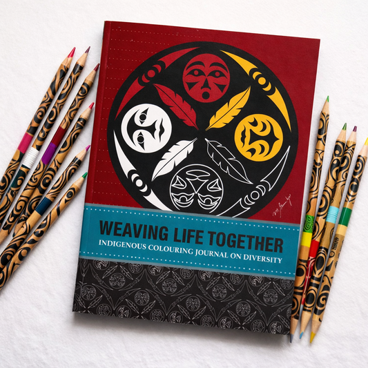 Indigenous colouring journal titled 'Weaving Life Together' with pencils on a white background