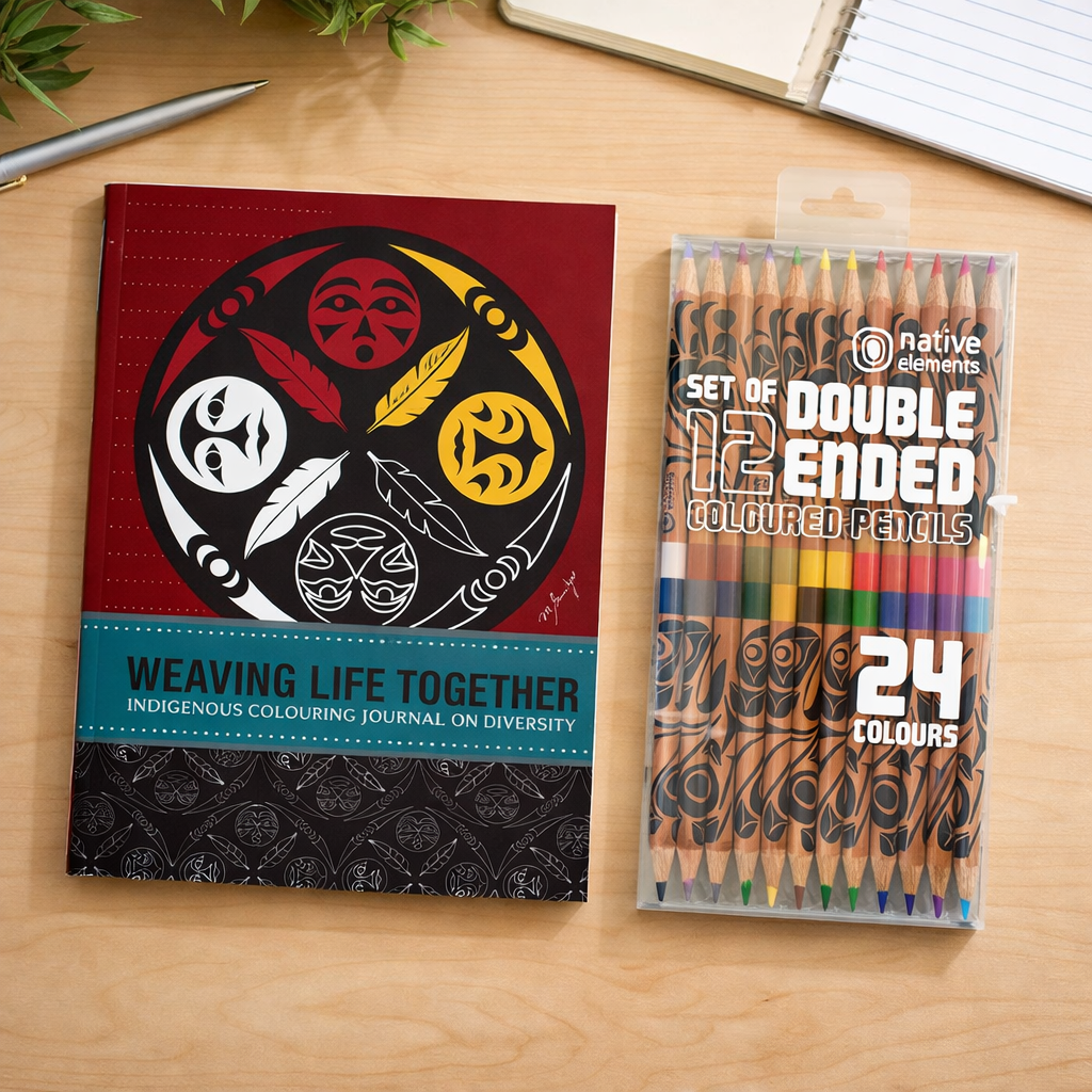 Indigenous colouring journal and coloured pencils on a wooden surface