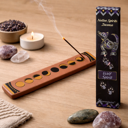 Incense holder with burning incense stick, candle, and stones on a wooden surface with 'Native Spirits Incense' packaging.