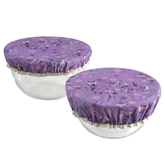Two white bowls with purple floral covers
