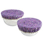 Two white bowls with purple floral covers