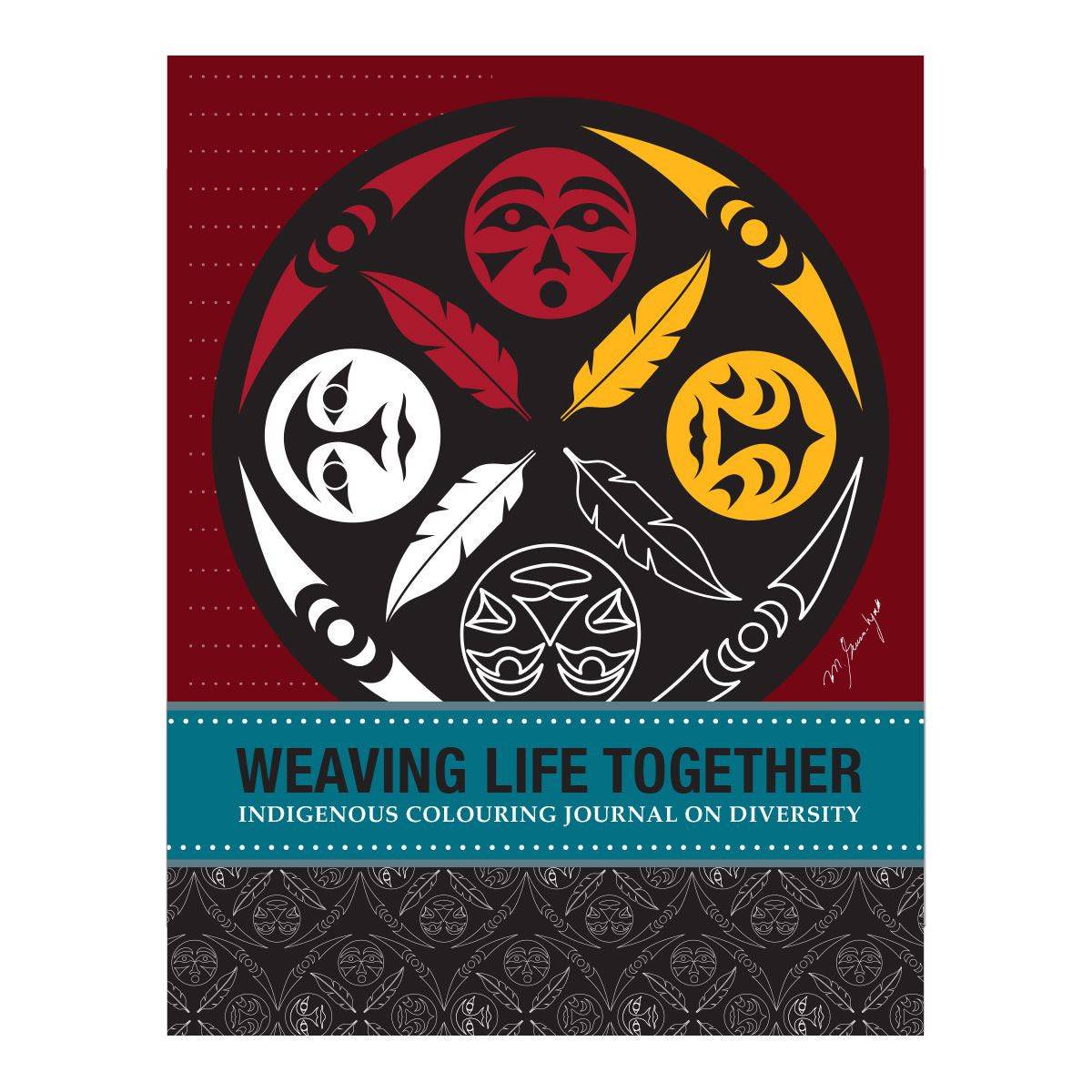 Book cover of 'Weaving Life Together' with indigenous symbols and text on a red and blue background