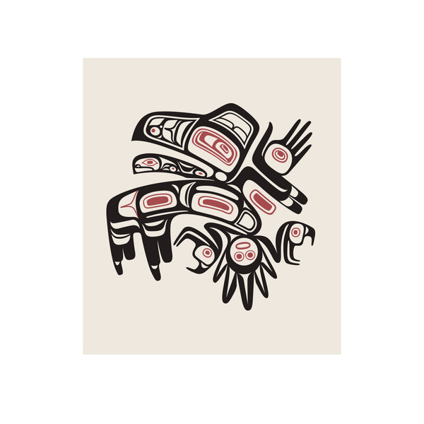Indigenous art with stylized animals on a beige cloth