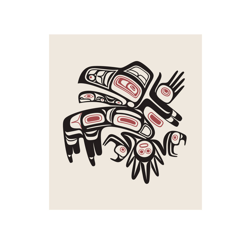 Indigenous art with stylized animals on a beige cloth